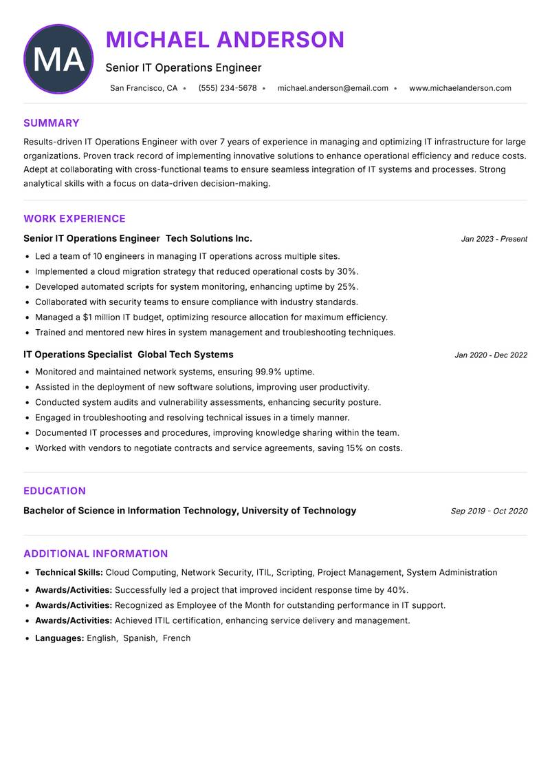 IT Operations Engineer resume example