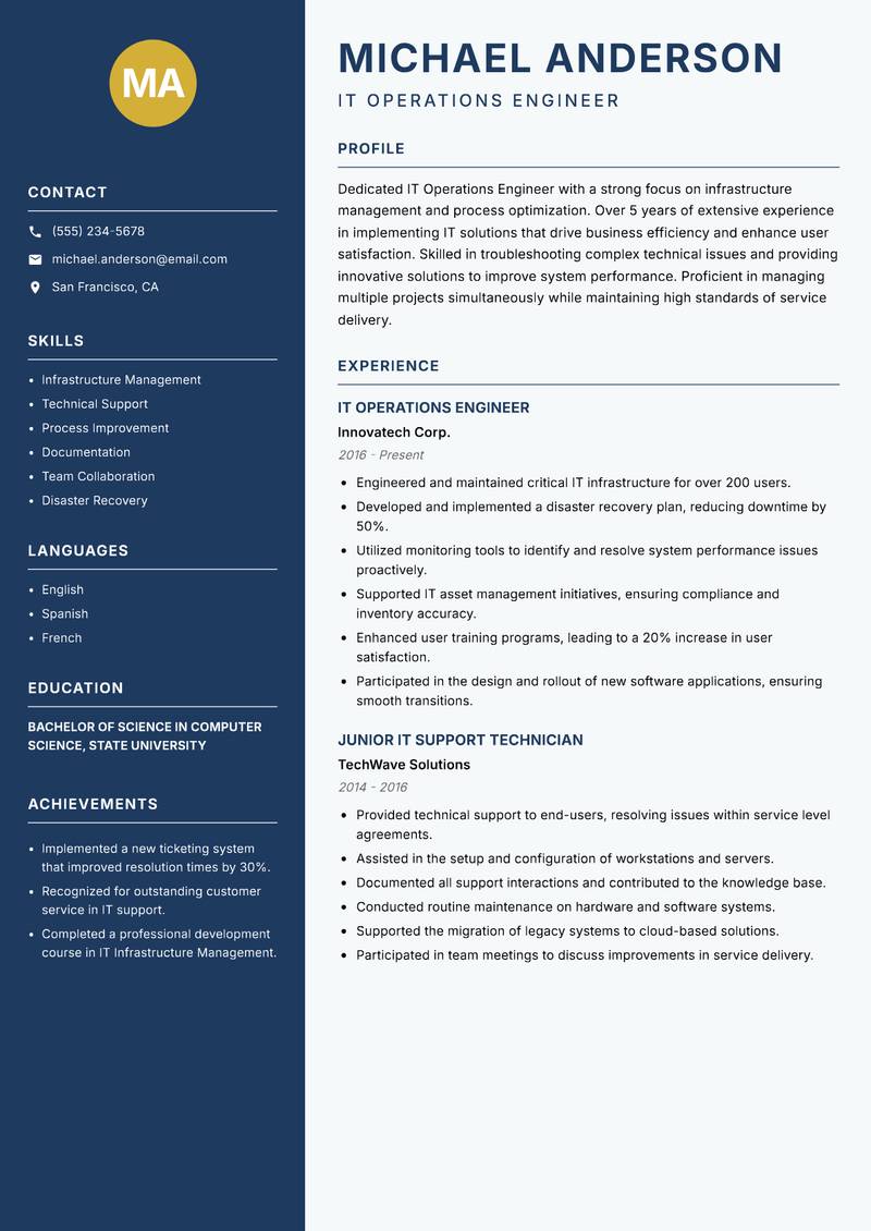IT Operations Engineer resume sample — IT Operations Engineer focus