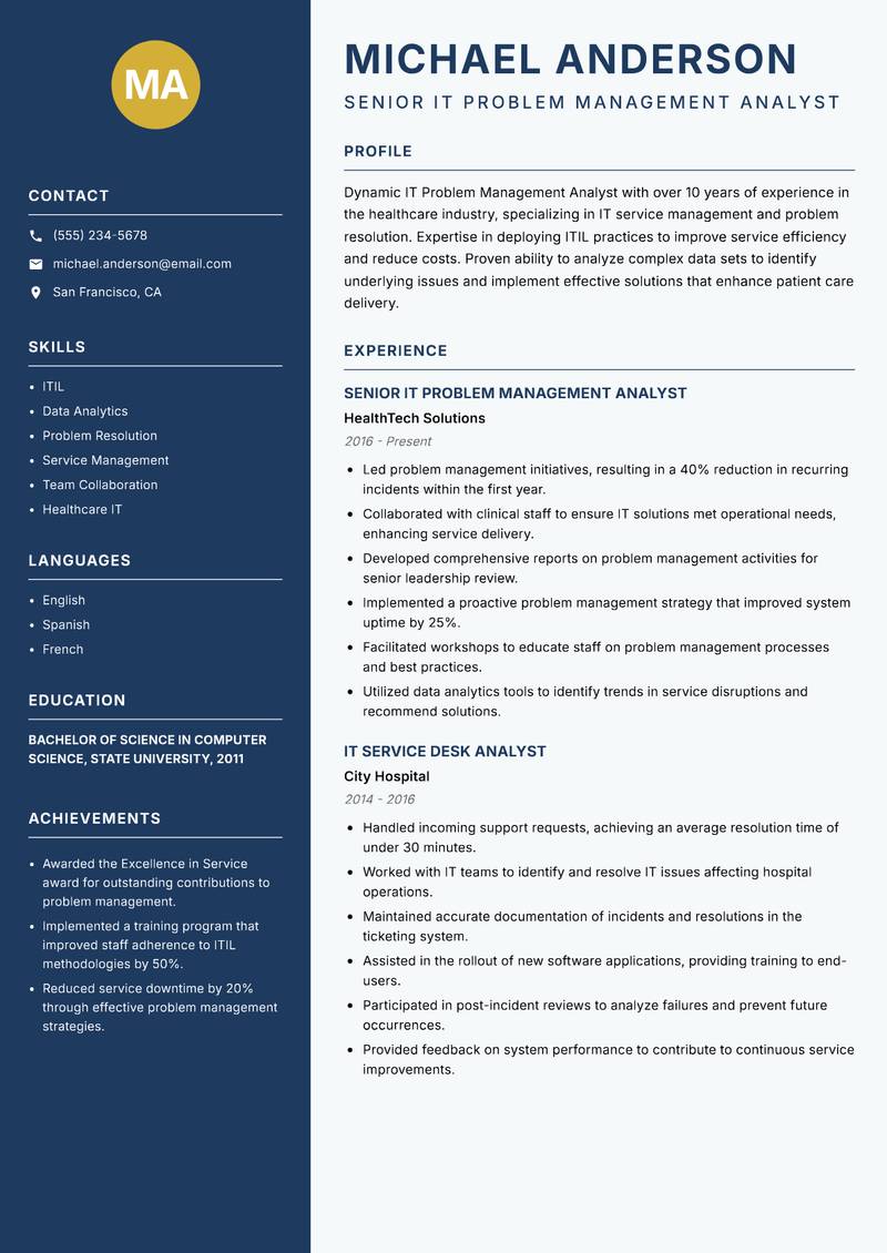 IT Problem Management Analyst resume sample — Senior IT Problem Management Analyst focus