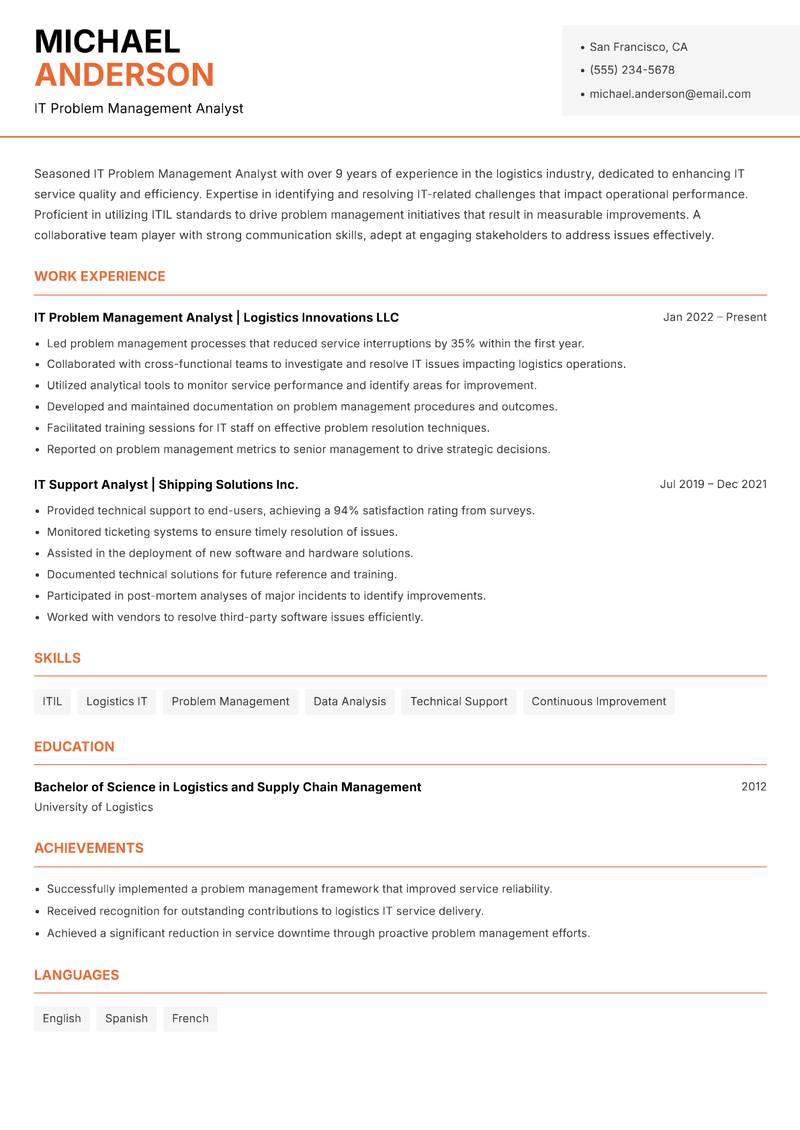 IT Problem Management Analyst resume sample — IT Problem Management Analyst focus