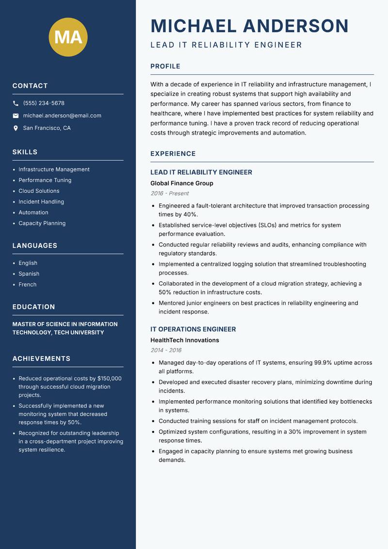 IT Reliability Engineer resume sample — Lead IT Reliability Engineer focus