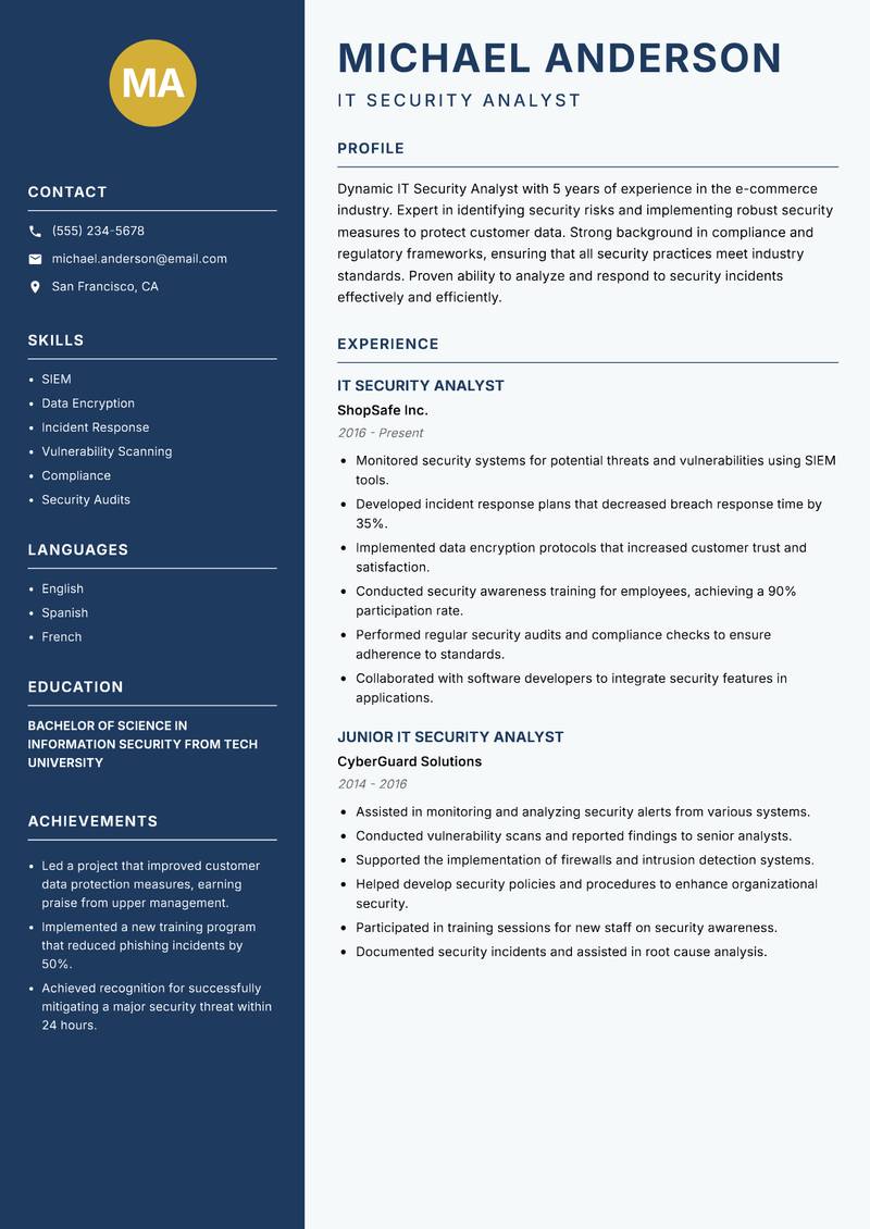 IT Security Analyst resume sample — IT Security Analyst focus
