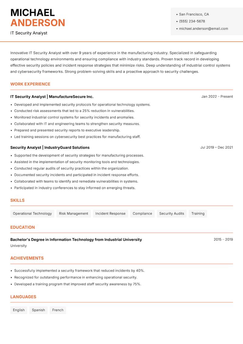 IT Security Analyst resume sample — IT Security Analyst focus