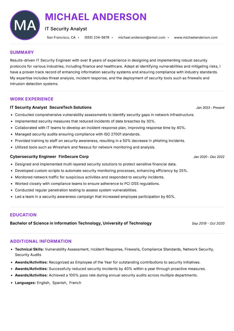 IT Security Engineer resume example
