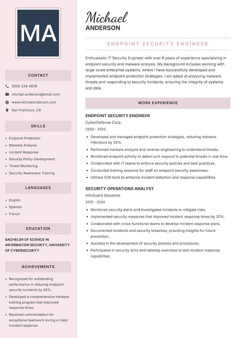 IT Security Engineer resume sample — Endpoint Security Engineer focus