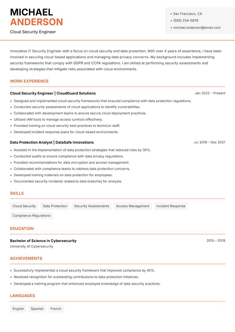 IT Security Engineer resume sample — Cloud Security Engineer focus