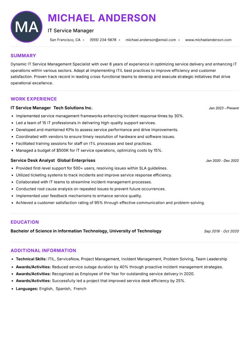 IT Service Management Specialist resume example
