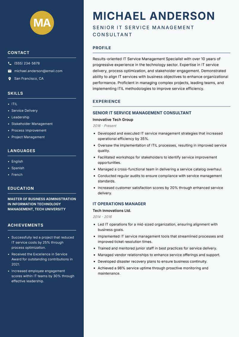 IT Service Management Specialist resume sample — Senior IT Service Management Consultant focus