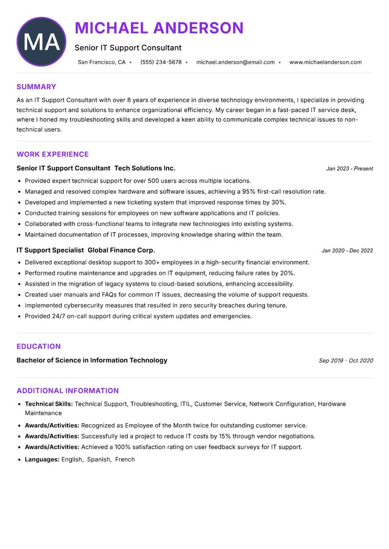 IT Support Consultant resume example