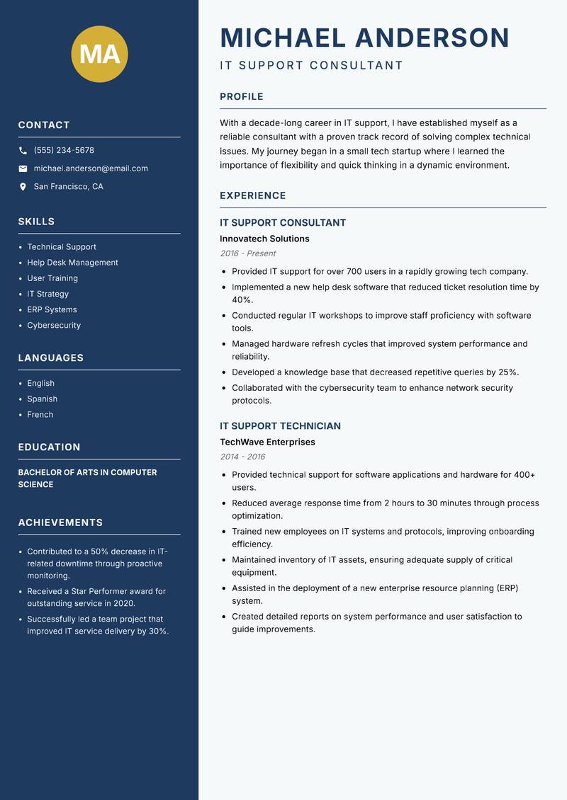 IT Support Consultant resume sample — IT Support Consultant focus