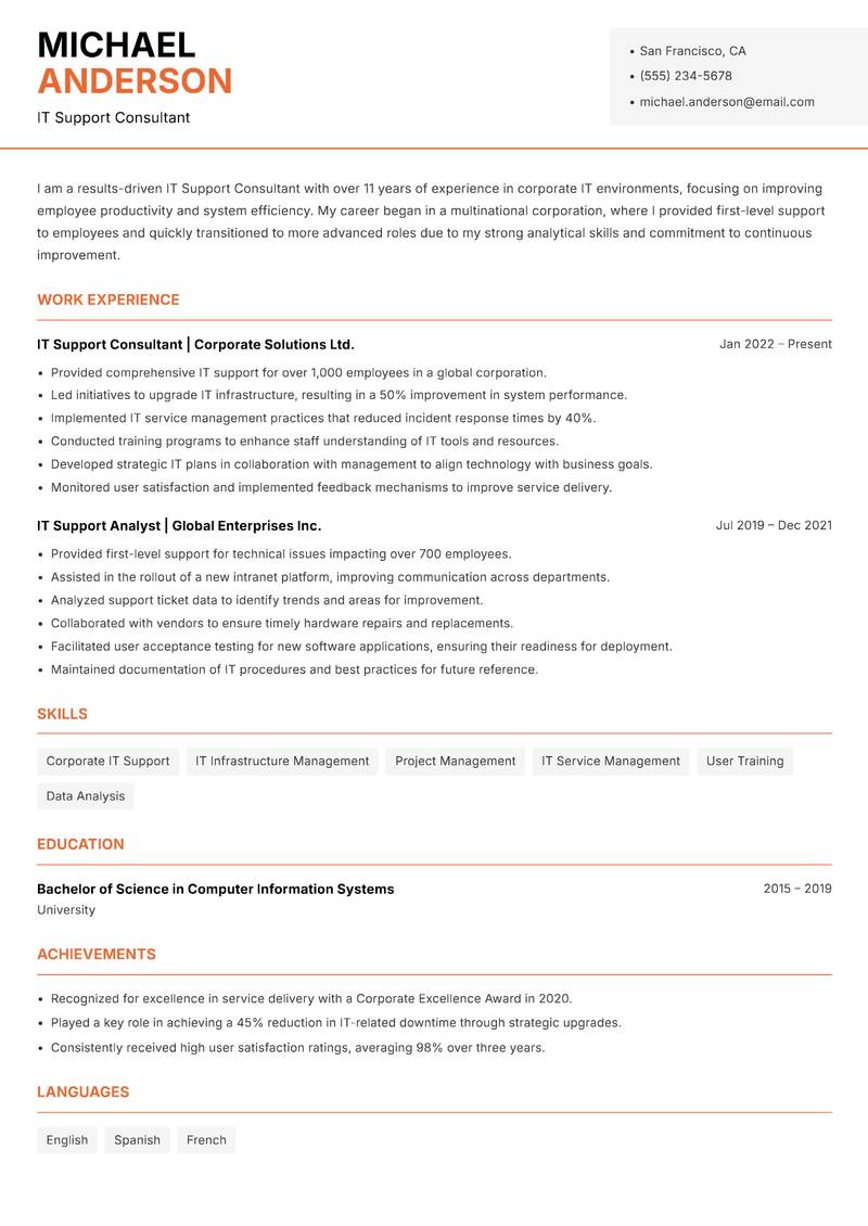 IT Support Consultant resume sample — IT Support Consultant focus