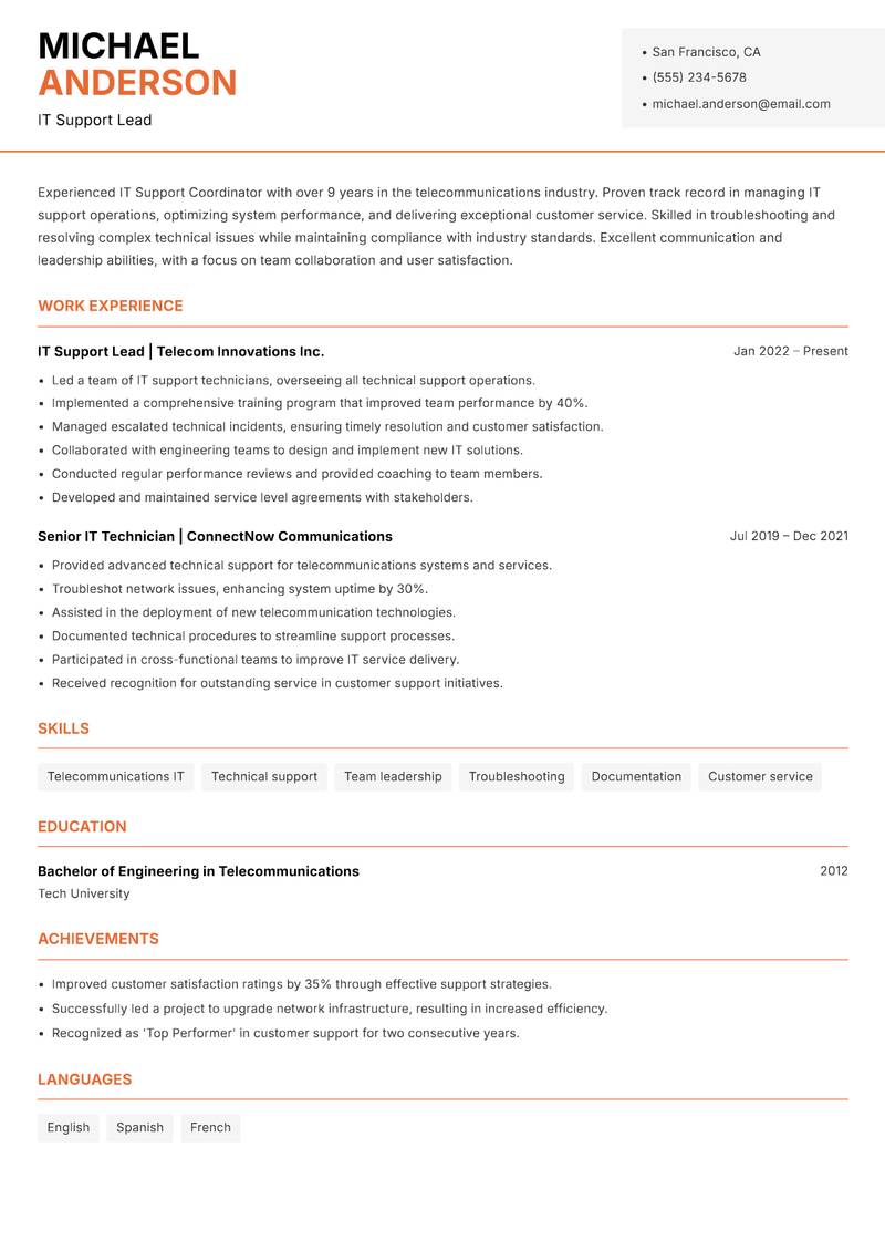 IT Support Coordinator resume sample — IT Support Lead focus