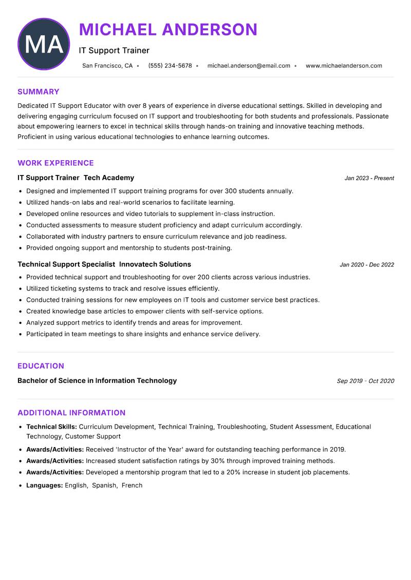 IT Support Educator resume example