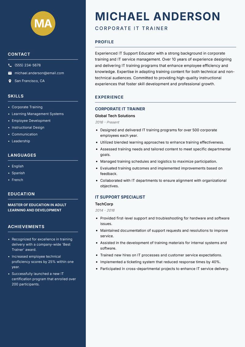 IT Support Educator resume sample — Corporate IT Trainer focus