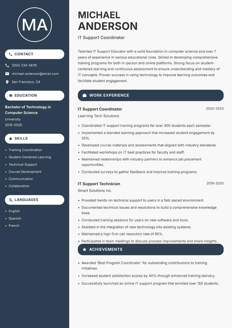 IT Support Educator resume sample — IT Support Coordinator focus