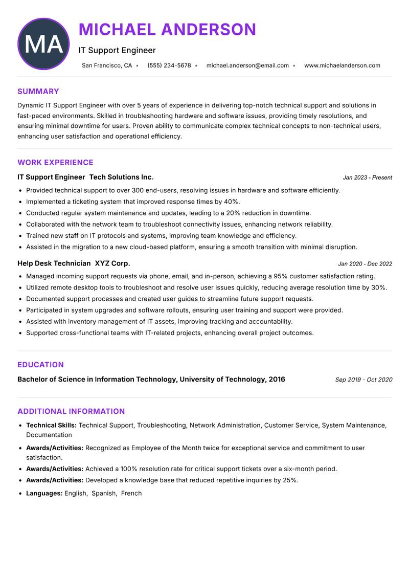 IT Support Engineer resume example