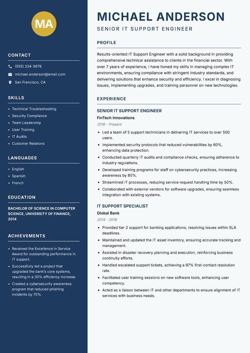 IT Support Engineer resume sample — Senior IT Support Engineer focus