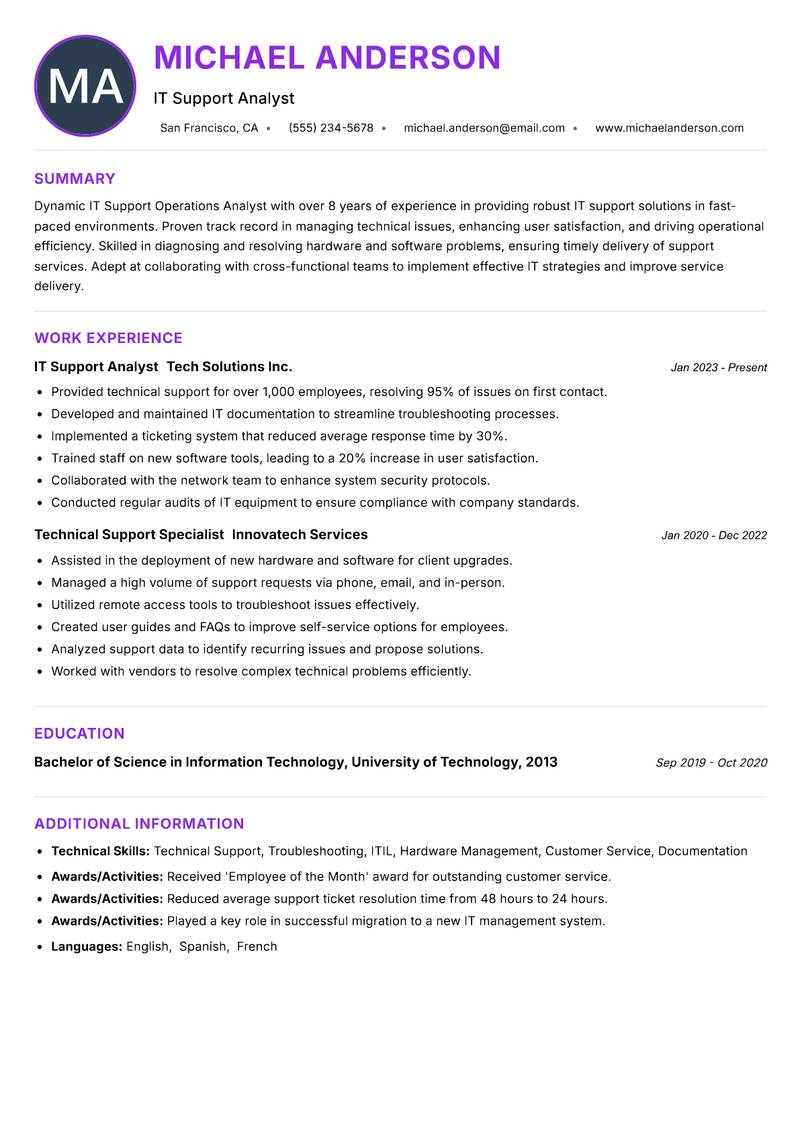 IT Support Operations Analyst resume example