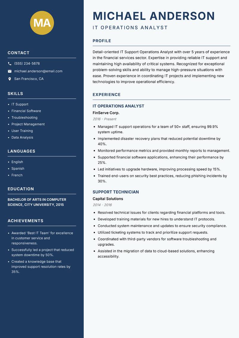 IT Support Operations Analyst resume sample — IT Operations Analyst focus