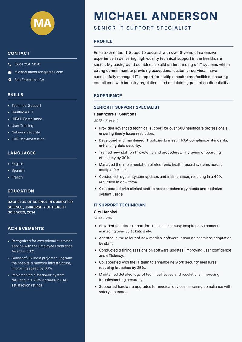 IT Support Specialist resume sample — Senior IT Support Specialist focus