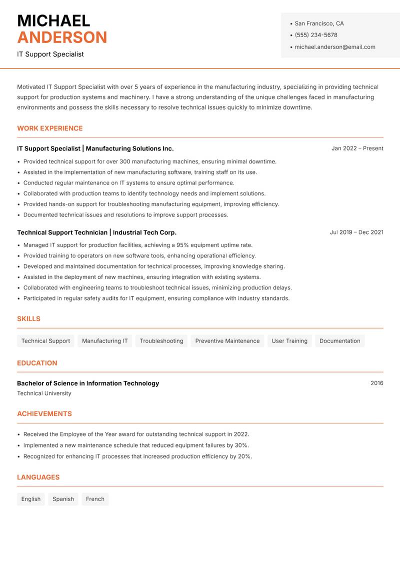 IT Support Specialist resume sample — IT Support Specialist focus