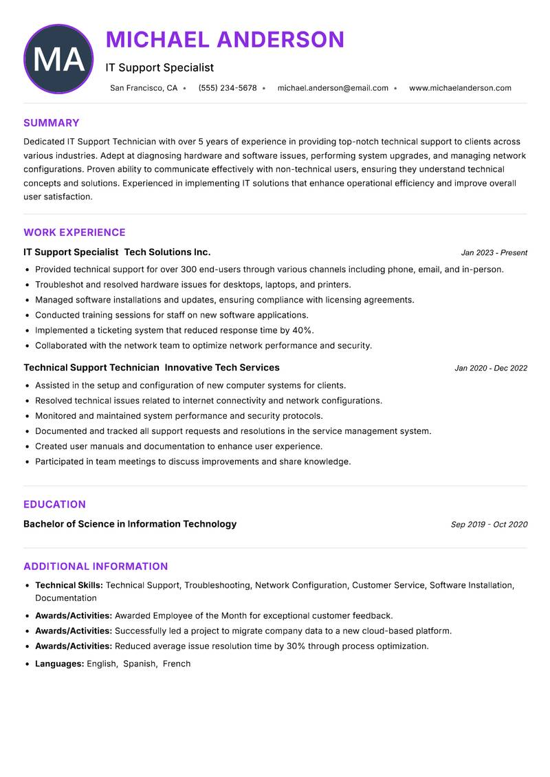 IT Support Technician resume example