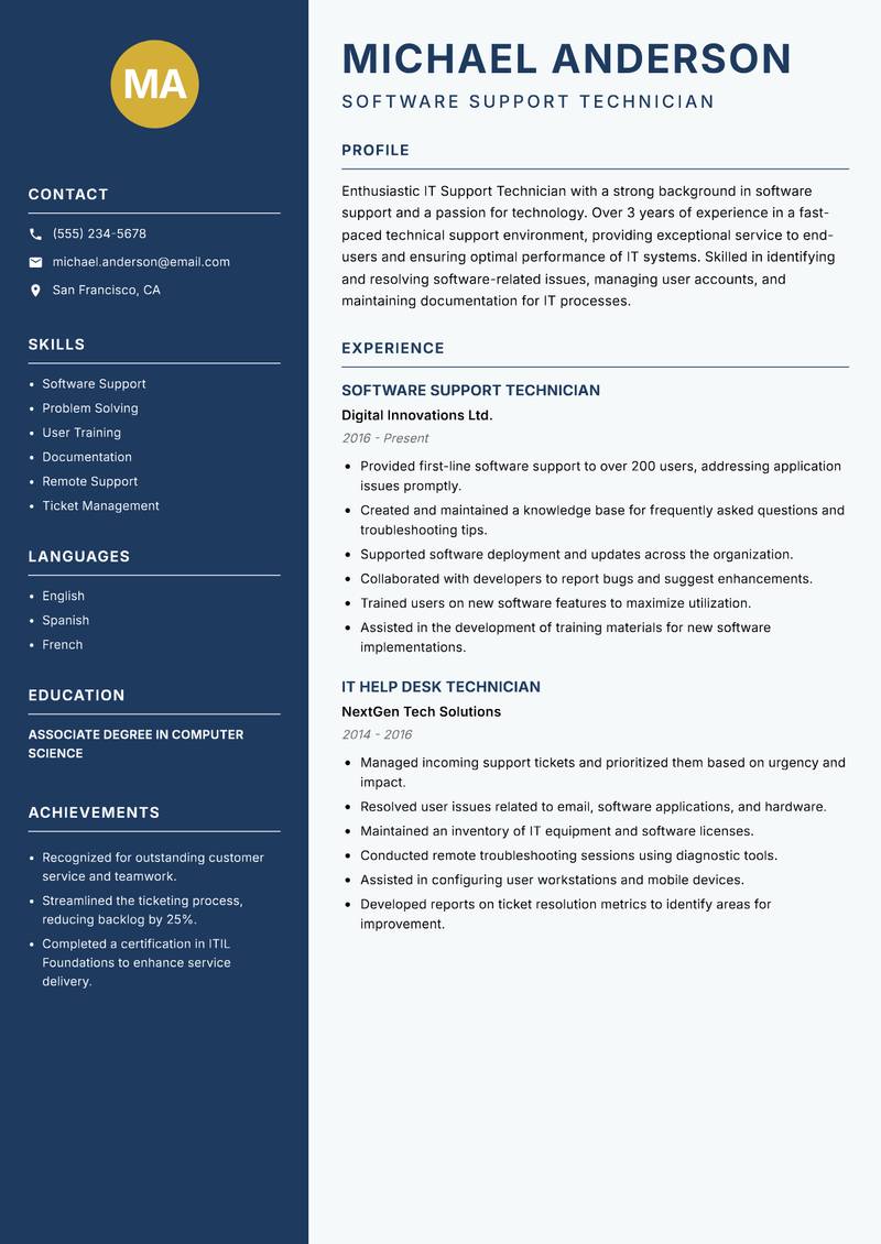 IT Support Technician resume sample — Software Support Technician focus