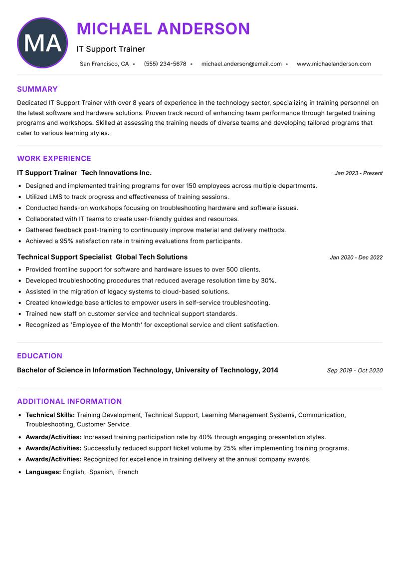 IT Support Trainer resume example
