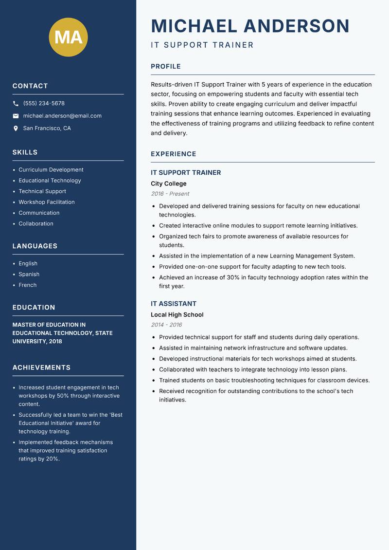 IT Support Trainer resume sample — IT Support Trainer focus