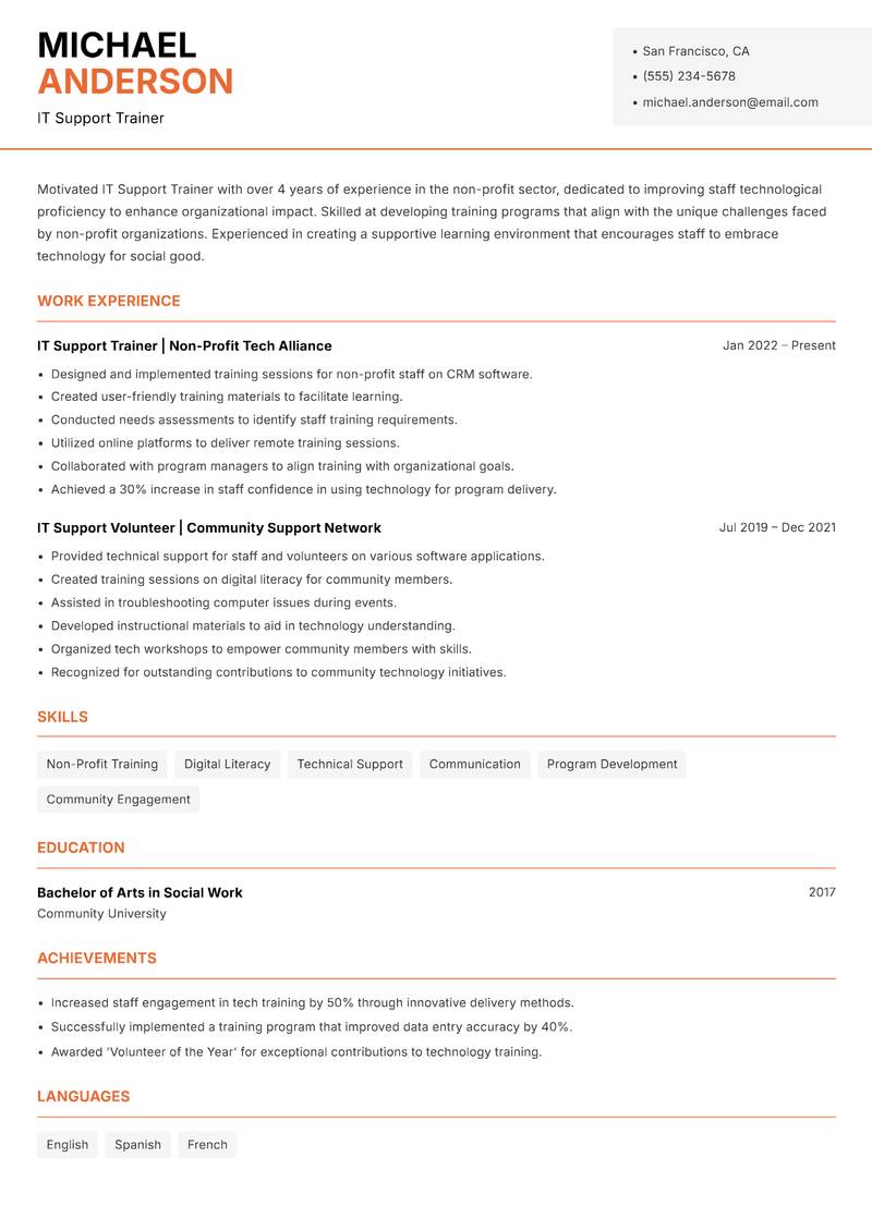 IT Support Trainer resume sample — IT Support Trainer focus