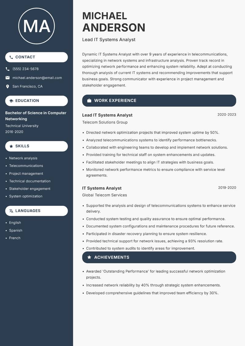 IT Systems Analyst resume sample — Lead IT Systems Analyst focus