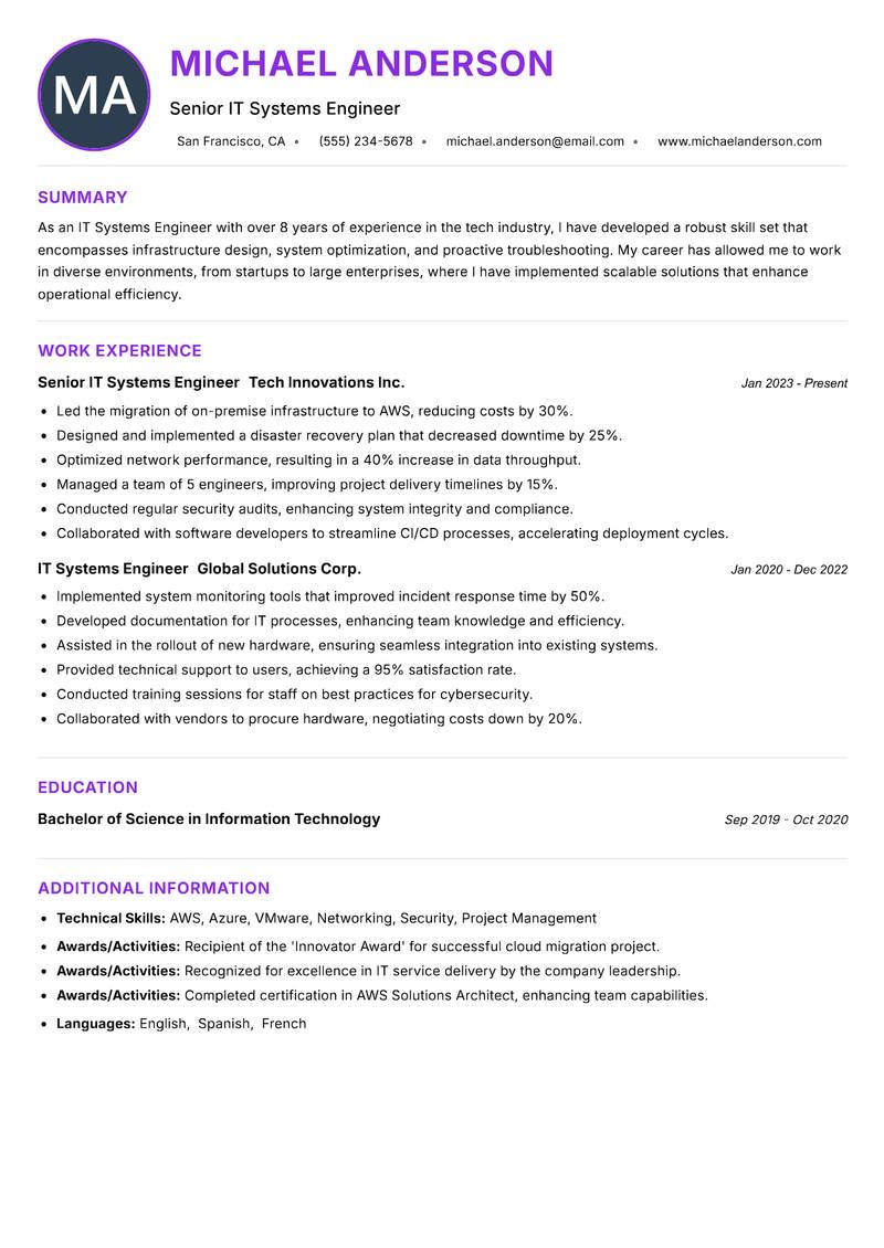 IT Systems Engineer resume example