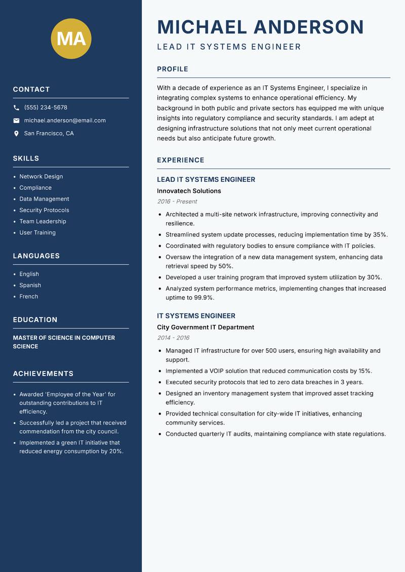 IT Systems Engineer resume sample — Lead IT Systems Engineer focus