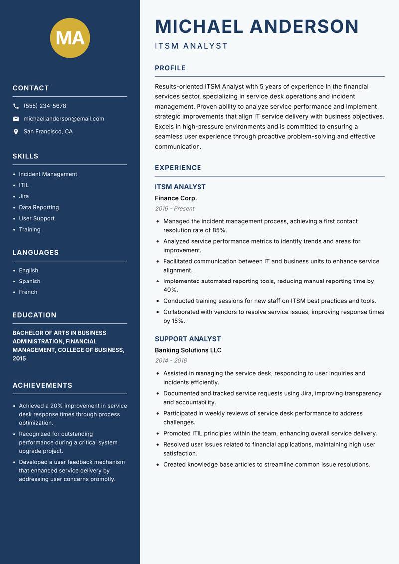 ITSM Analyst resume sample — ITSM Analyst focus