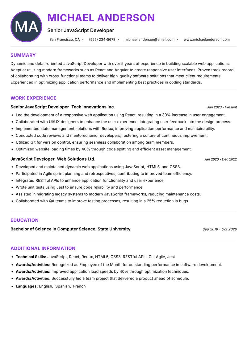 JavaScript Developer resume example