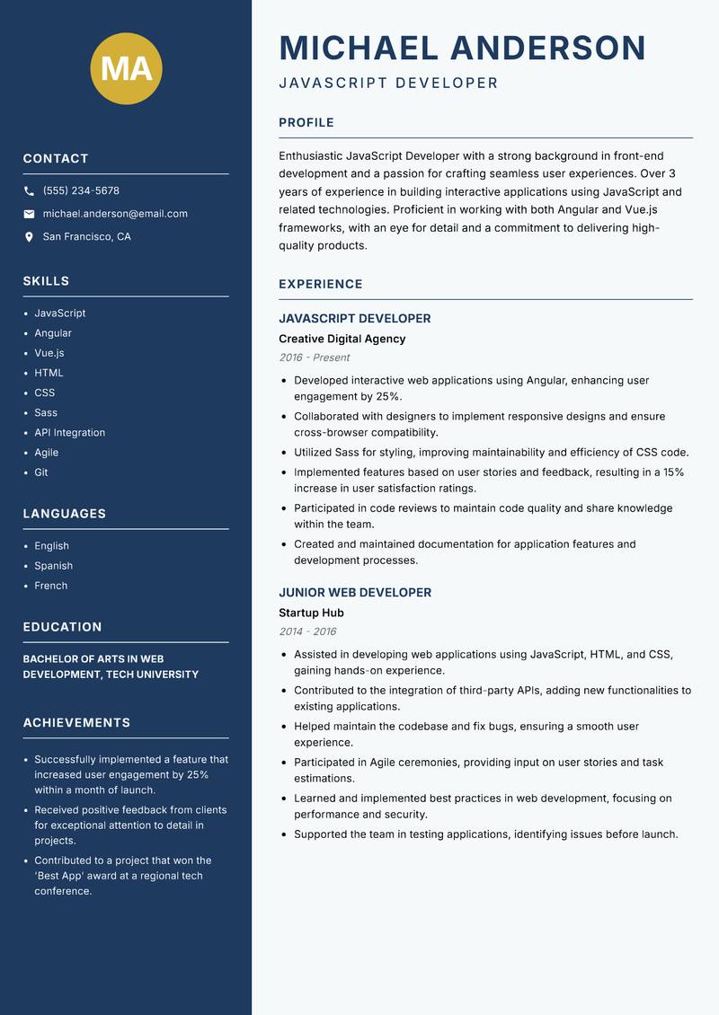 JavaScript Developer resume sample — JavaScript Developer focus