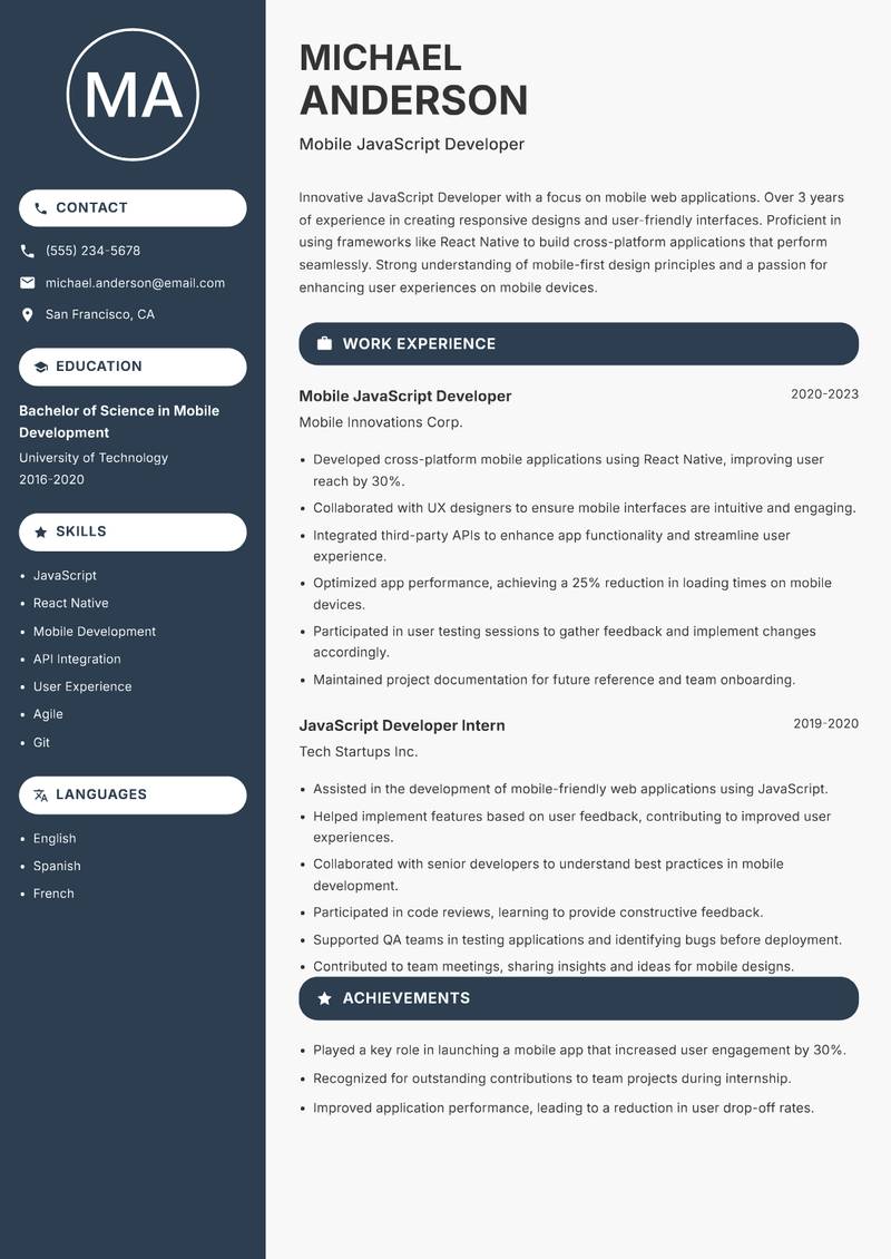 JavaScript Developer resume sample — Mobile JavaScript Developer focus