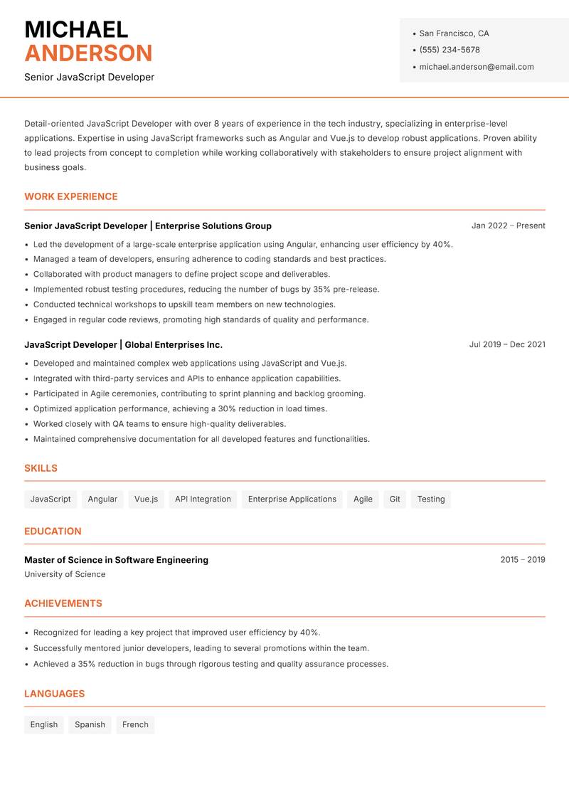 JavaScript Developer resume sample — Senior JavaScript Developer focus