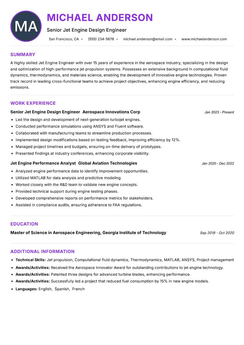 Jet Engine Engineer resume example
