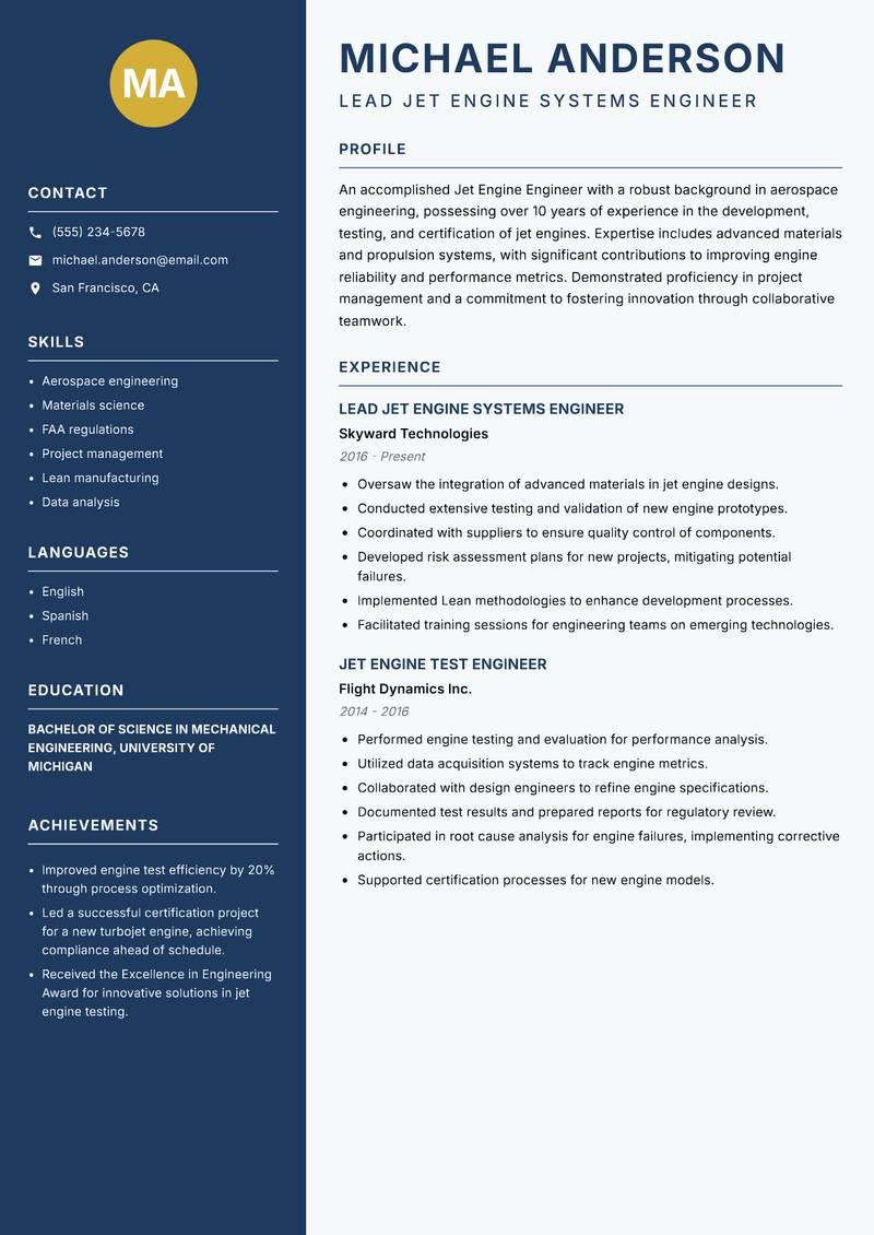 Jet Engine Engineer resume sample — Lead Jet Engine Systems Engineer focus