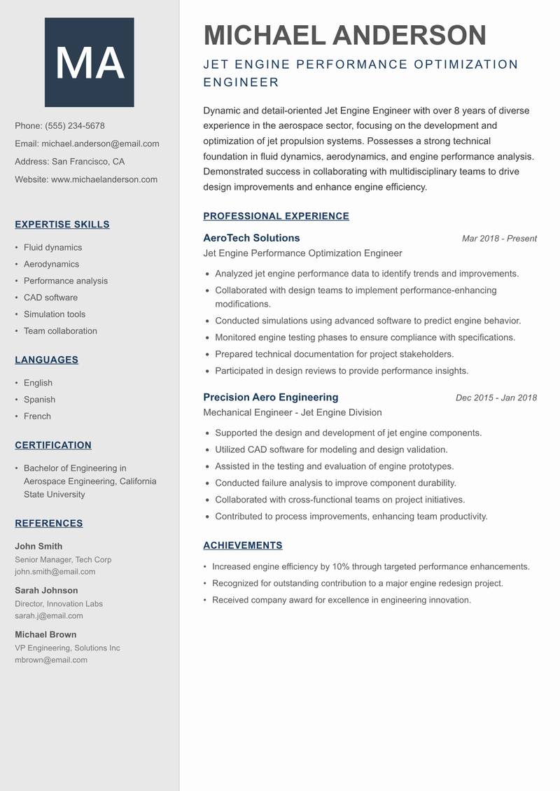 Jet Engine Engineer resume sample — Jet Engine Performance Optimization Engineer focus