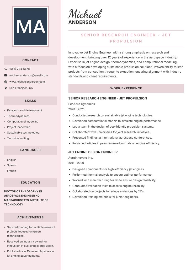 Jet Engine Engineer resume sample — Senior Research Engineer - Jet Propulsion focus