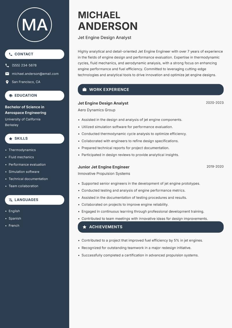 Jet Engine Engineer resume sample — Jet Engine Design Analyst focus