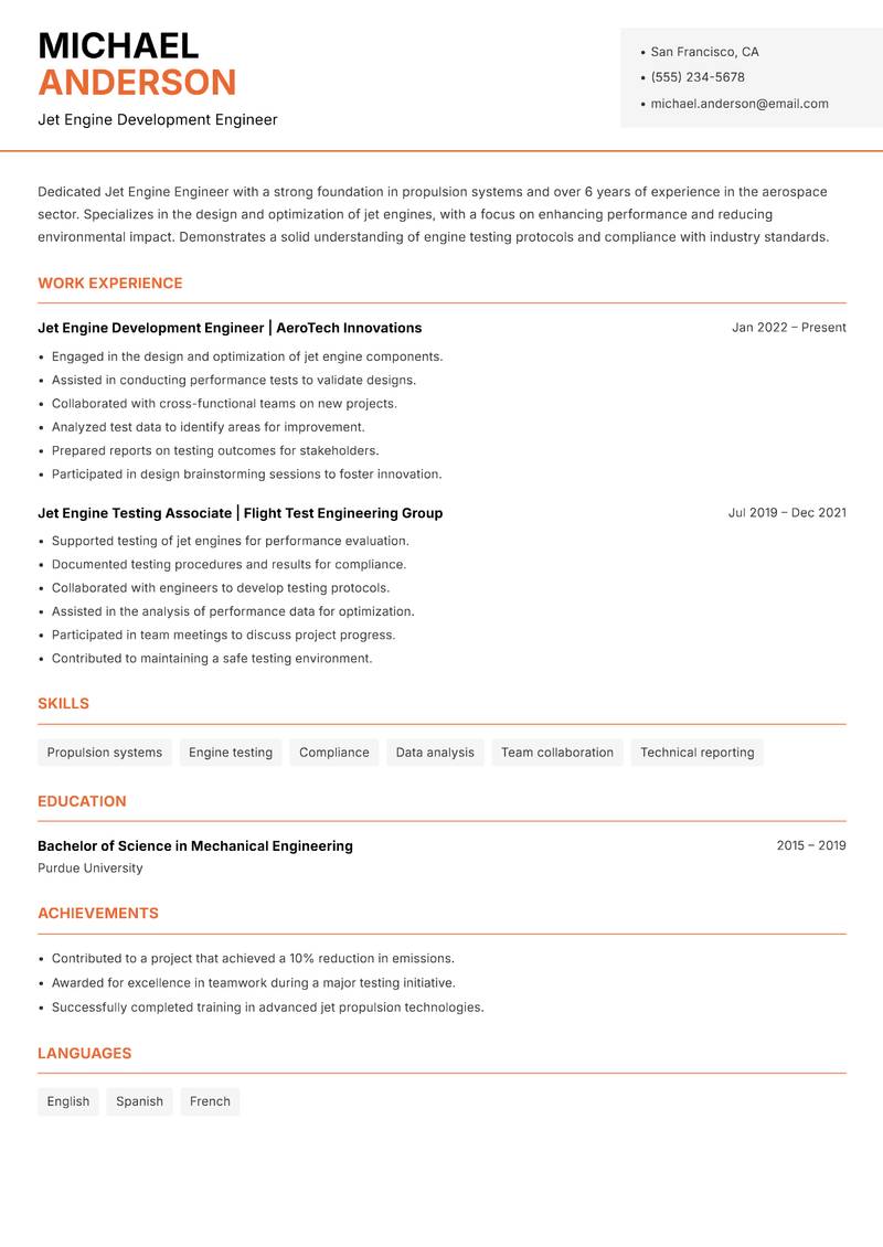 Jet Engine Engineer resume sample — Jet Engine Development Engineer focus