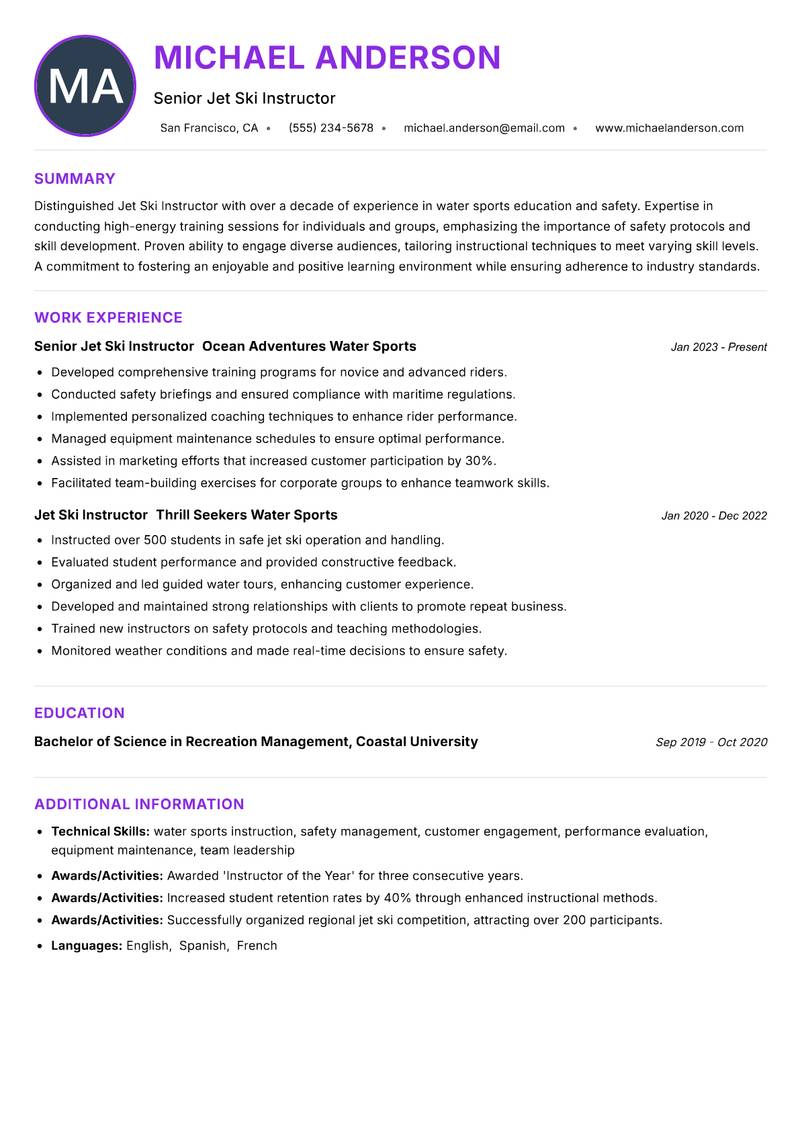 Jet Ski Instructor resume example