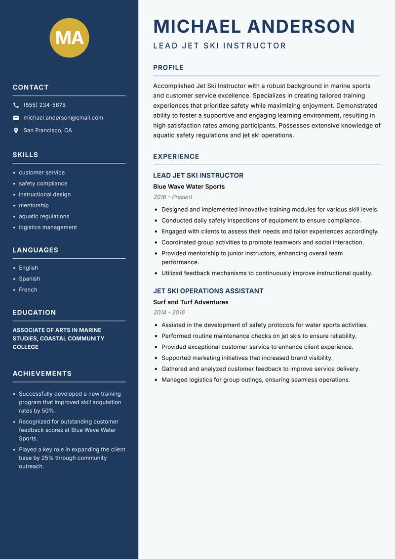 Jet Ski Instructor resume sample — Lead Jet Ski Instructor focus