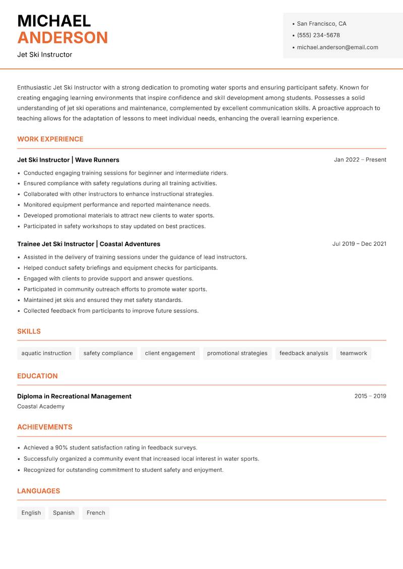 Jet Ski Instructor resume sample — Jet Ski Instructor focus