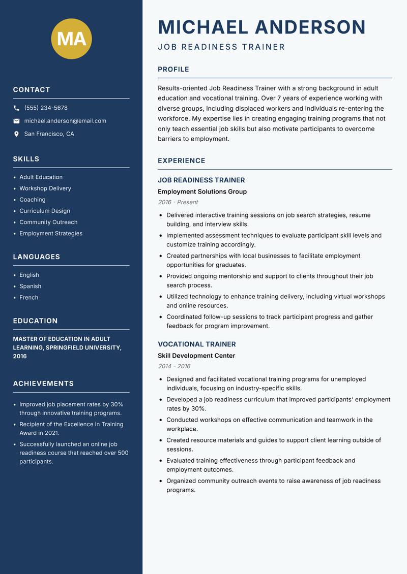 Job Readiness Trainer resume sample — Job Readiness Trainer focus