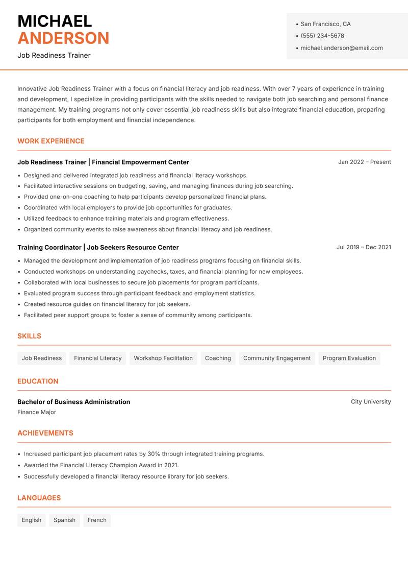 Job Readiness Trainer resume sample — Job Readiness Trainer focus