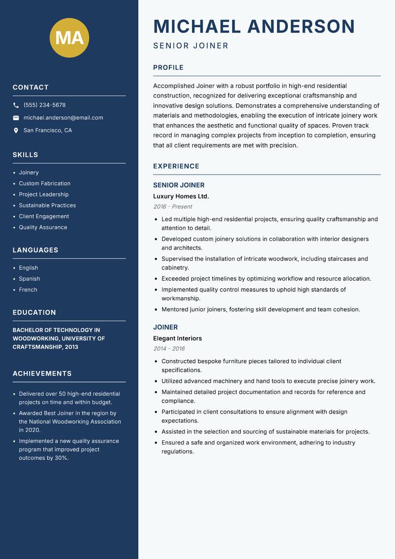 Joiner resume sample — Senior Joiner focus
